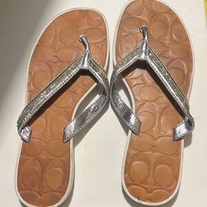 Coach Silver Flip-Flop Sandals with Logo Tan Footbed